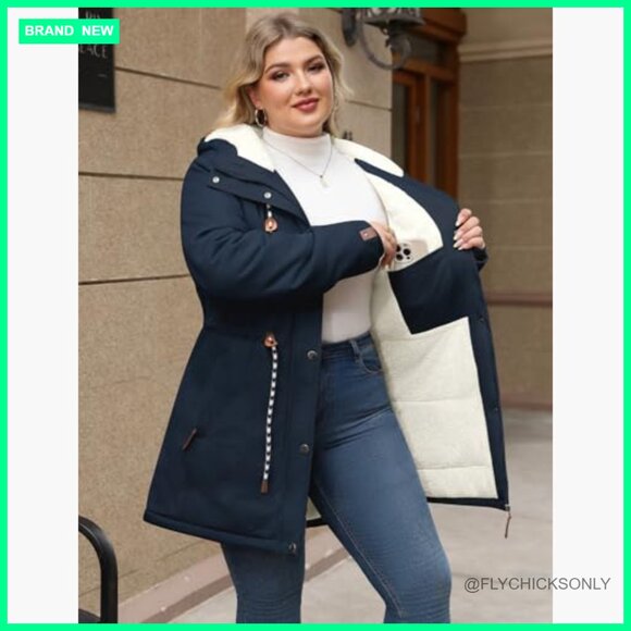 Plus Size Winter Parka Fleece Lined Down Jacket Hooded Puffer Coat - Picture 3 of 7